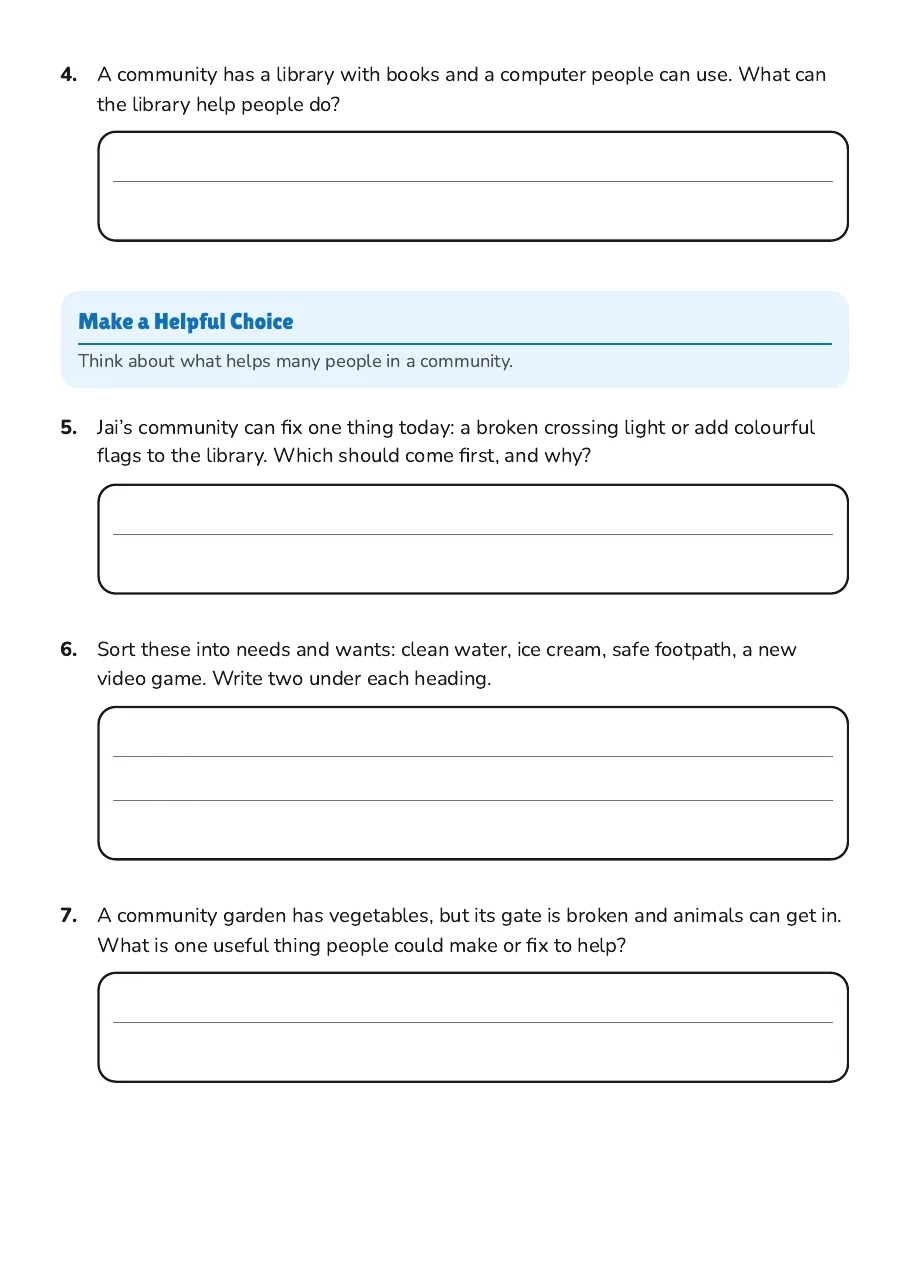 Community Needs and Wants, page 2 of 3: Make a Helpful Choice