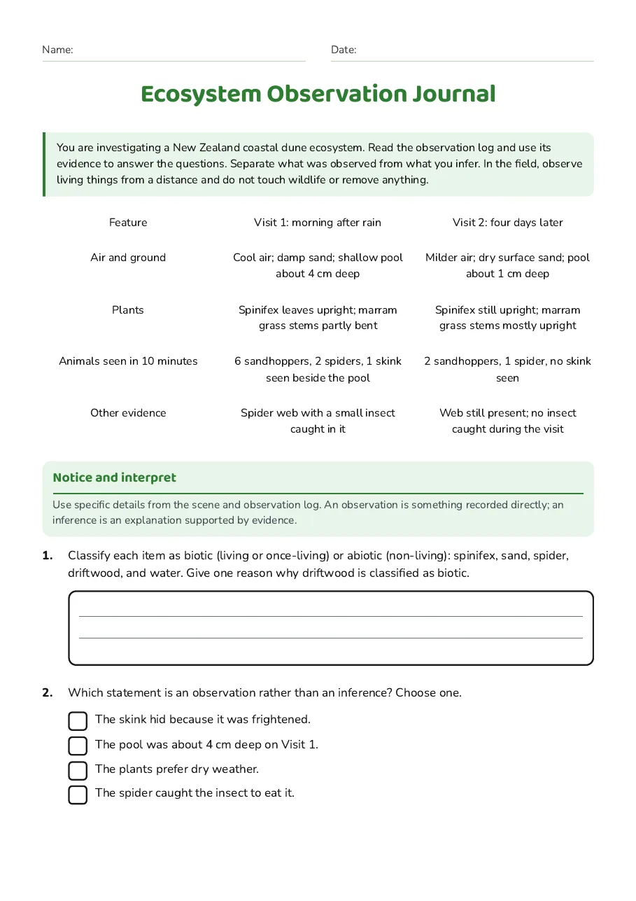 Ecosystem Observation Journal, page 1 of 3: Notice and interpret