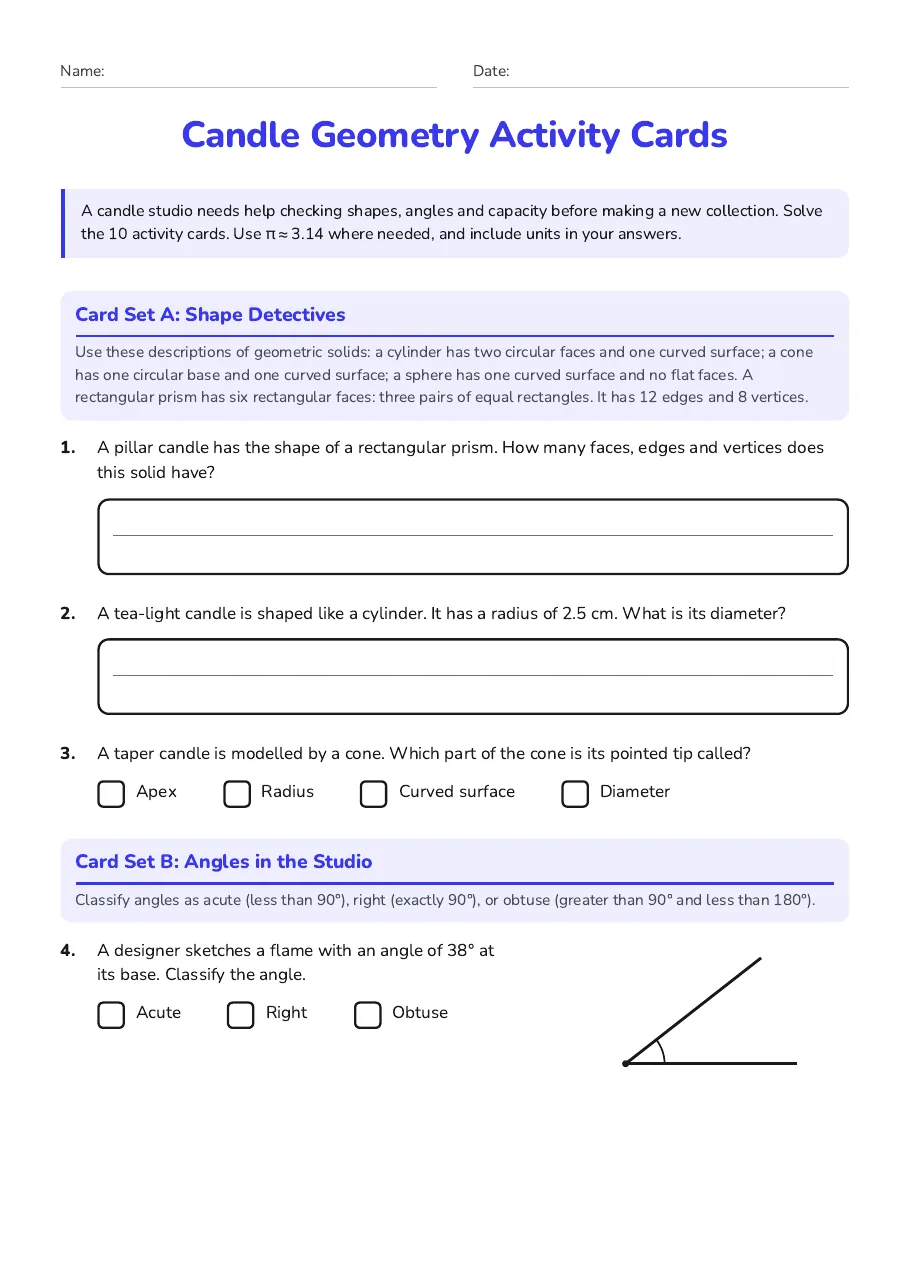 Candle Geometry Activity Cards, page 1 of 3: Card Set A: Shape Detectives, Card Set B: Angles in the Studio