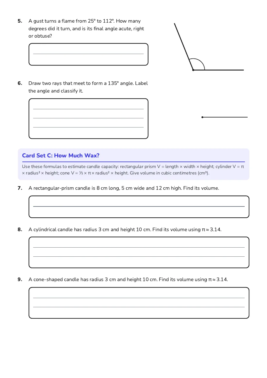 Candle Geometry Activity Cards, page 2 of 3: Card Set C: How Much Wax?
