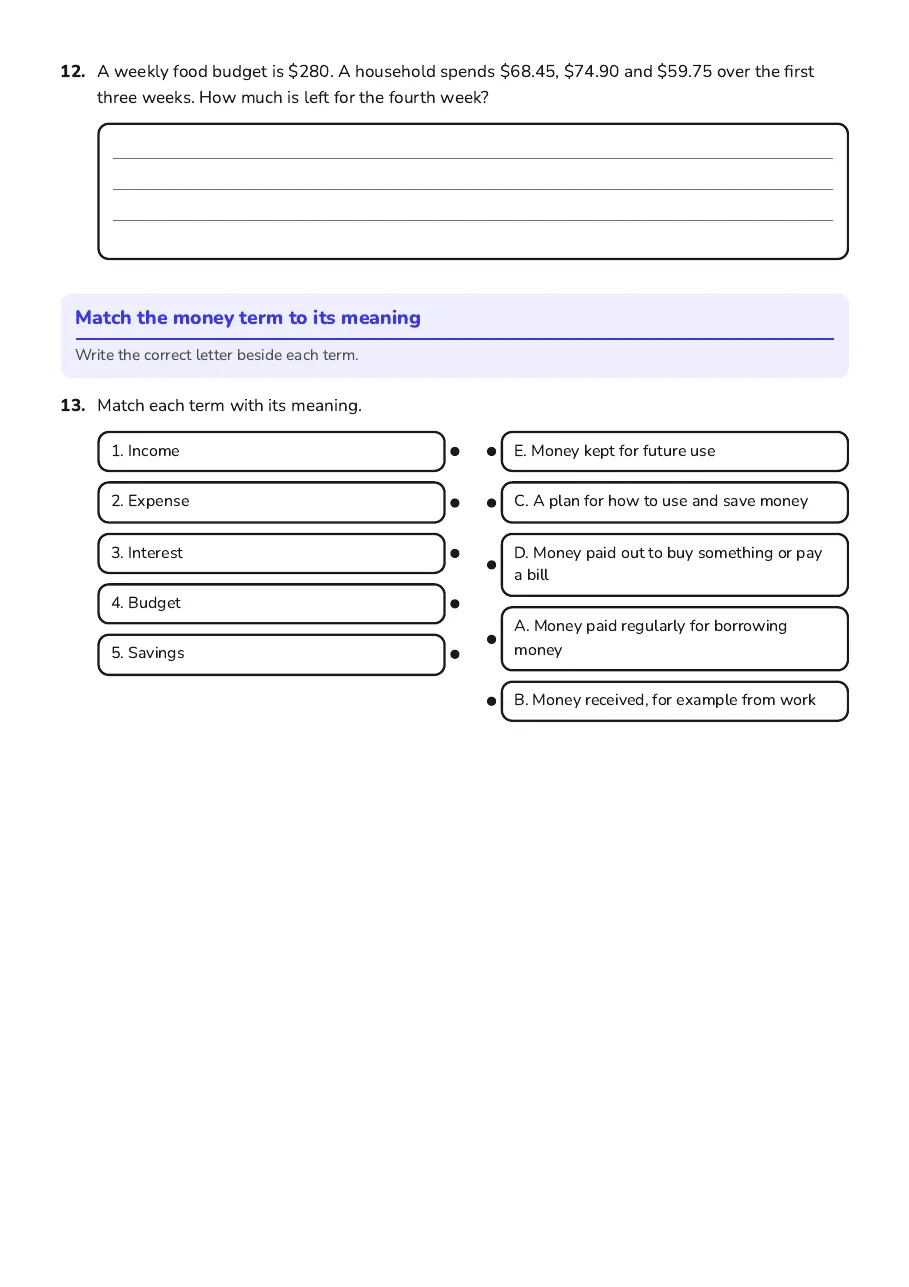 Financial Literacy Math Worksheet, page 3 of 3: Match the money term to its meaning