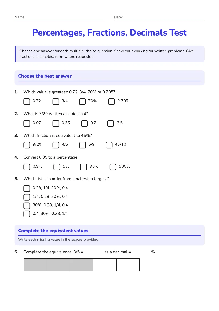 Percentages, Fractions, Decimals Test, page 1 of 3: Choose the best answer, Complete the equivalent values, Show your working