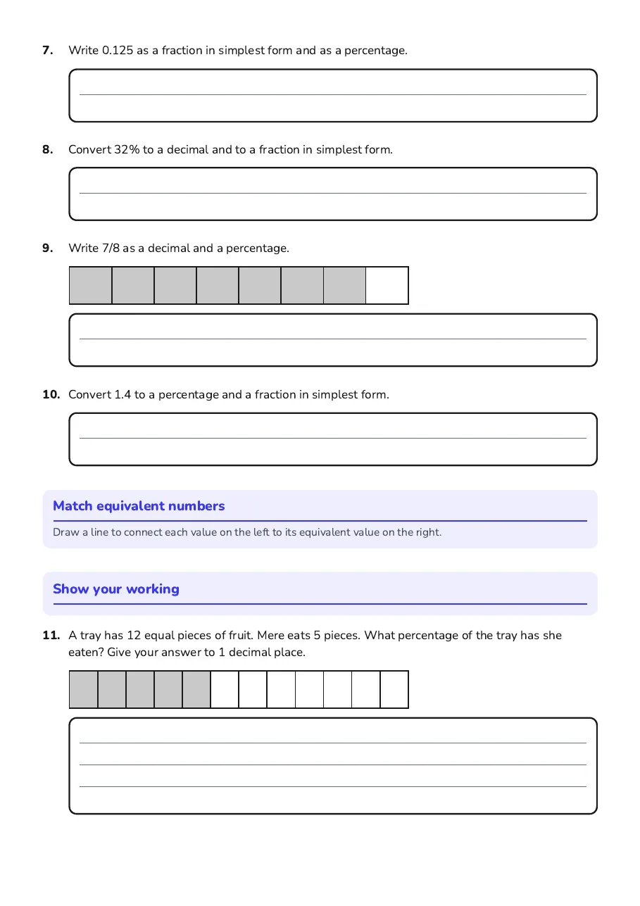 Percentages, Fractions, Decimals Test, page 2 of 3: Match equivalent numbers, Show your working