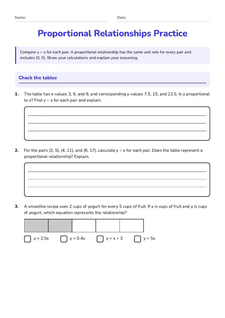 Proportional Relationships Practice, page 1 of 3: Check the tables