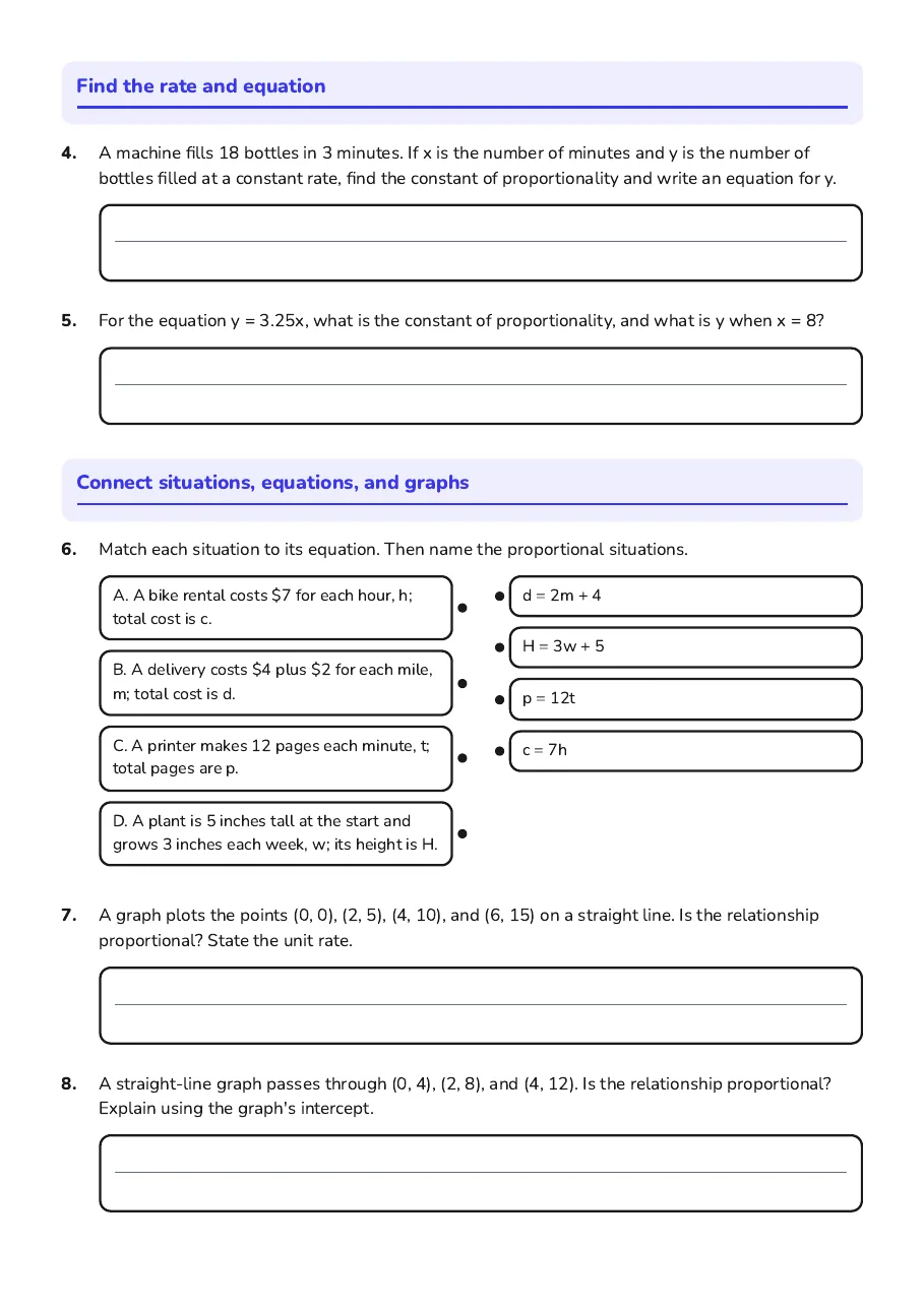 Proportional Relationships Practice, page 2 of 3: Find the rate and equation, Connect situations, equations, and graphs