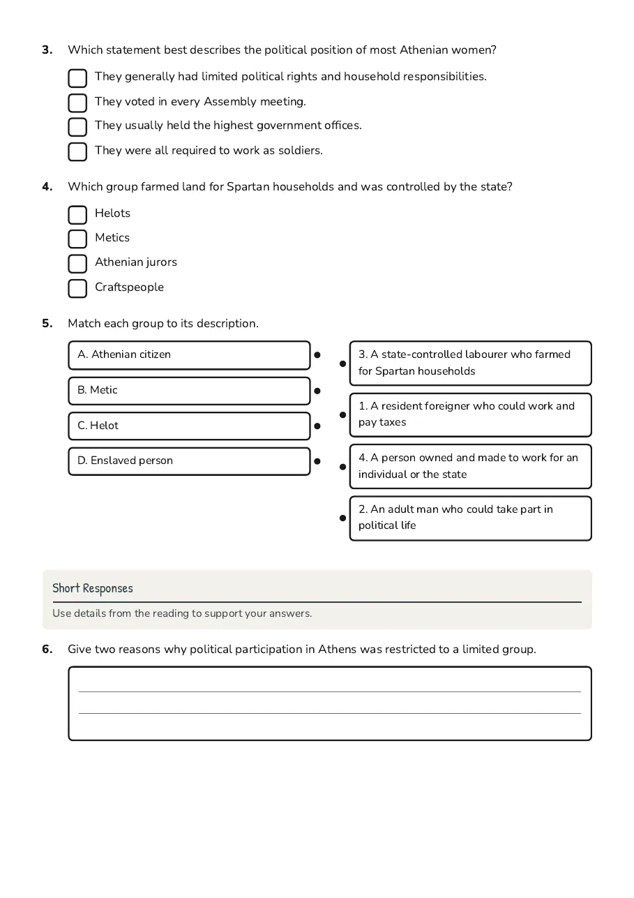 Ancient Greece Social Structure, page 2 of 3: Short Responses
