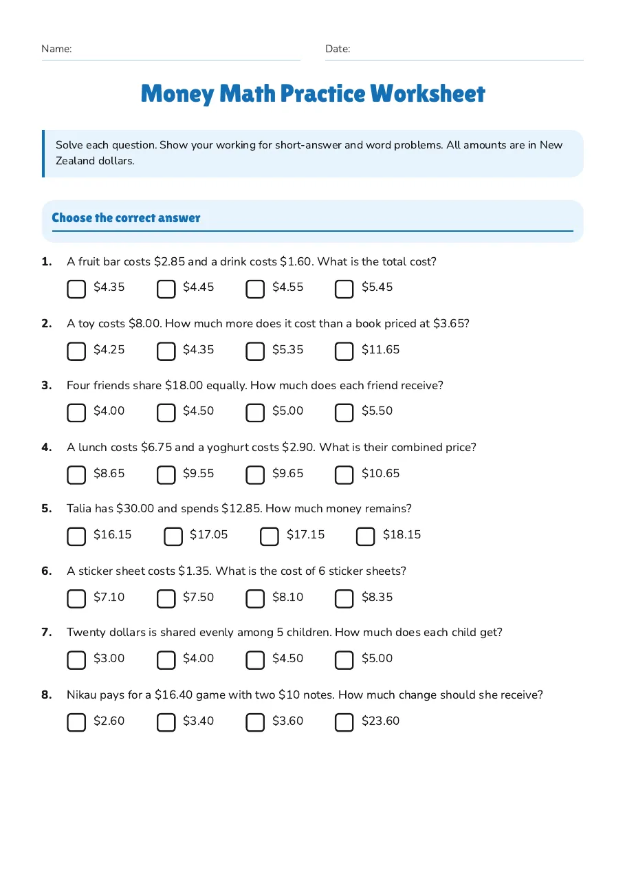 Money Math Practice Worksheet, page 1 of 4: Choose the correct answer