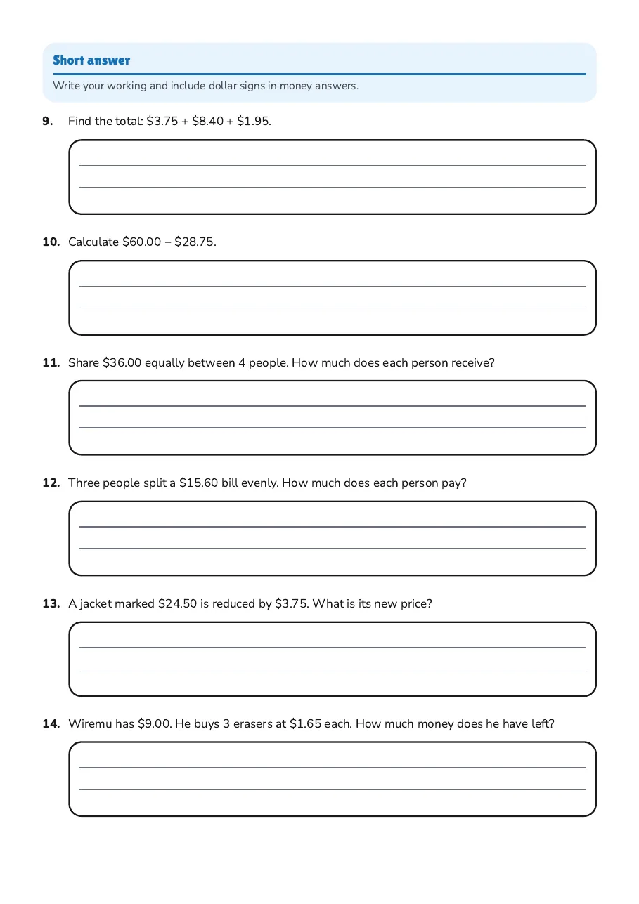 Money Math Practice Worksheet, page 2 of 4: Short answer