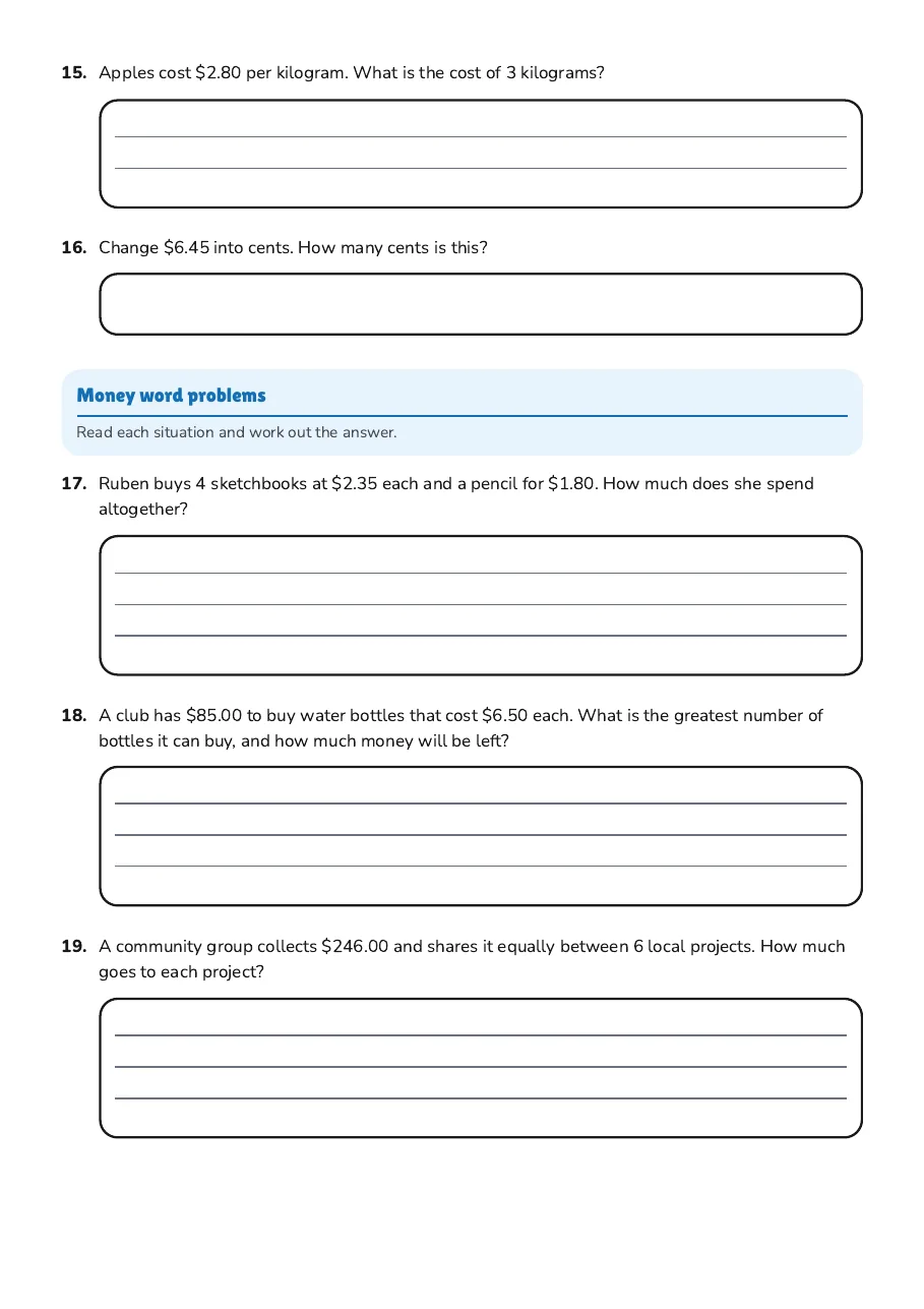 Money Math Practice Worksheet, page 3 of 4: Money word problems