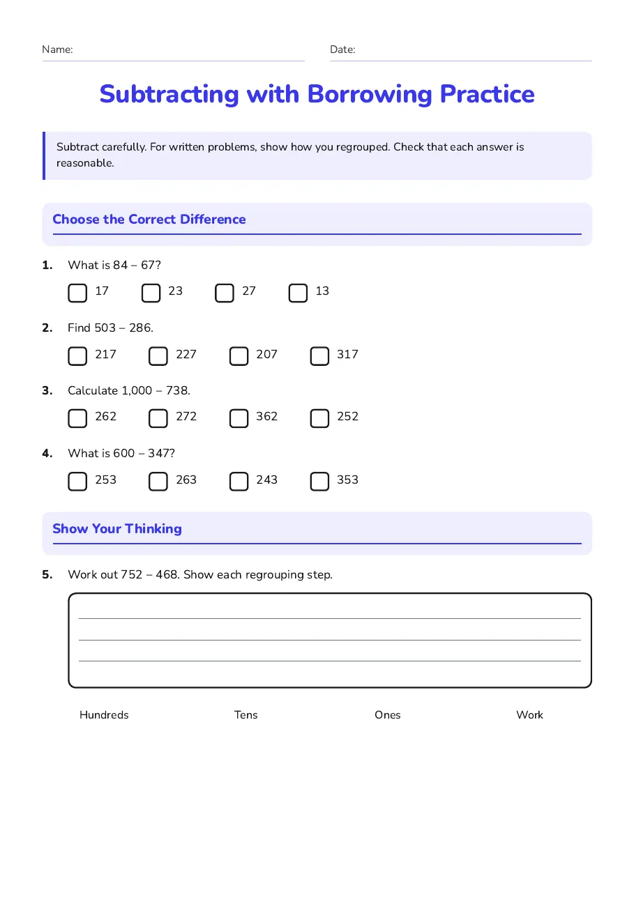 Subtracting with Borrowing Practice, page 1 of 2: Choose the Correct Difference, Show Your Thinking