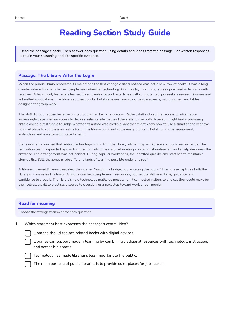 Reading Section Study Guide, page 1 of 3: Passage: The Library After the Login, Read for meaning