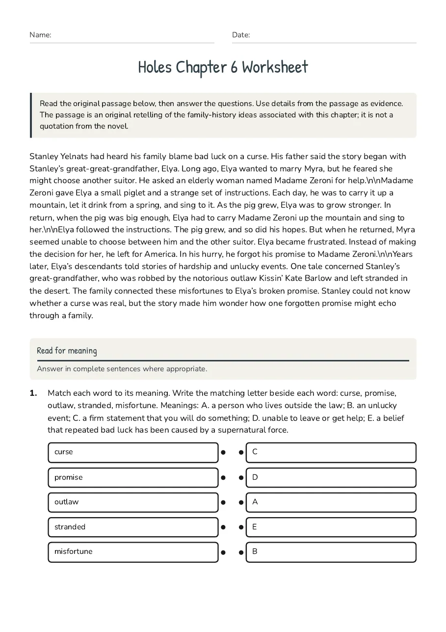 Holes Chapter 6 Worksheet, page 1 of 3: Read for meaning