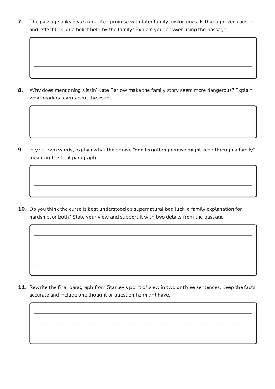 Holes Chapter 6 Worksheet, page 3 of 3: 7. The passage links Elya’s forgotten promise with later family misfortunes. Is that a…