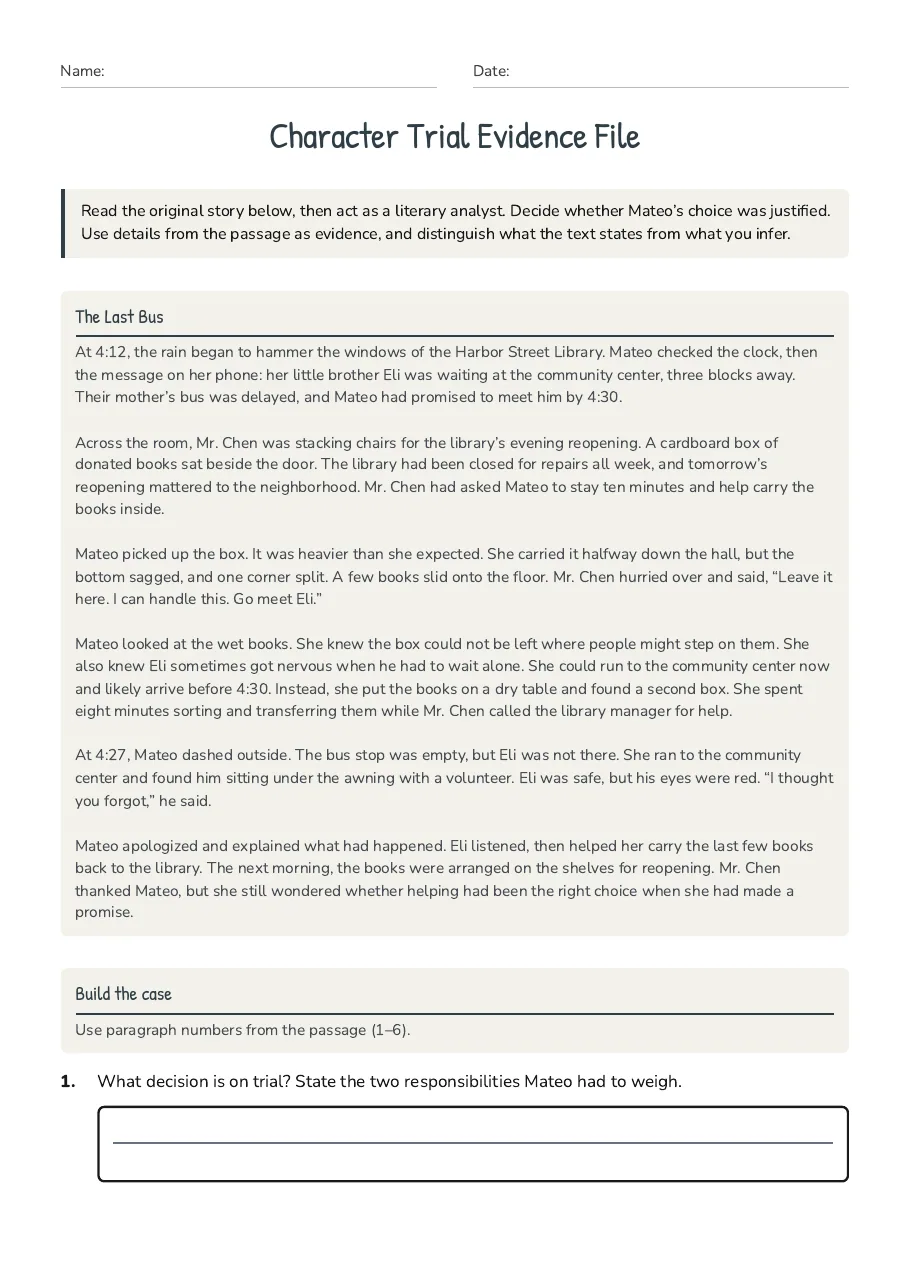 Character Trial Evidence File, page 1 of 3: The Last Bus, Build the case