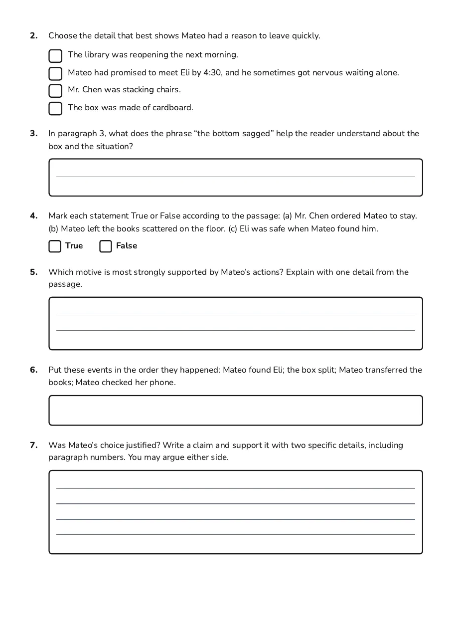 Character Trial Evidence File, page 2 of 3: 2. Choose the detail that best shows Mateo had a reason to leave quickly.