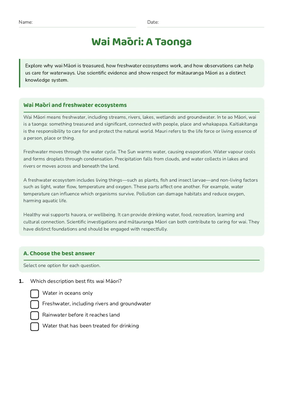 Wai Māori: A Taonga, page 1 of 6: Wai Māori and freshwater ecosystems, A. Choose the best answer