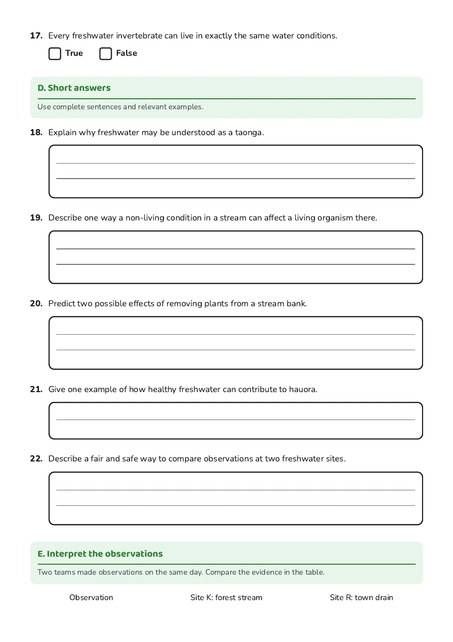 Wai Māori: A Taonga, page 5 of 6: D. Short answers, E. Interpret the observations
