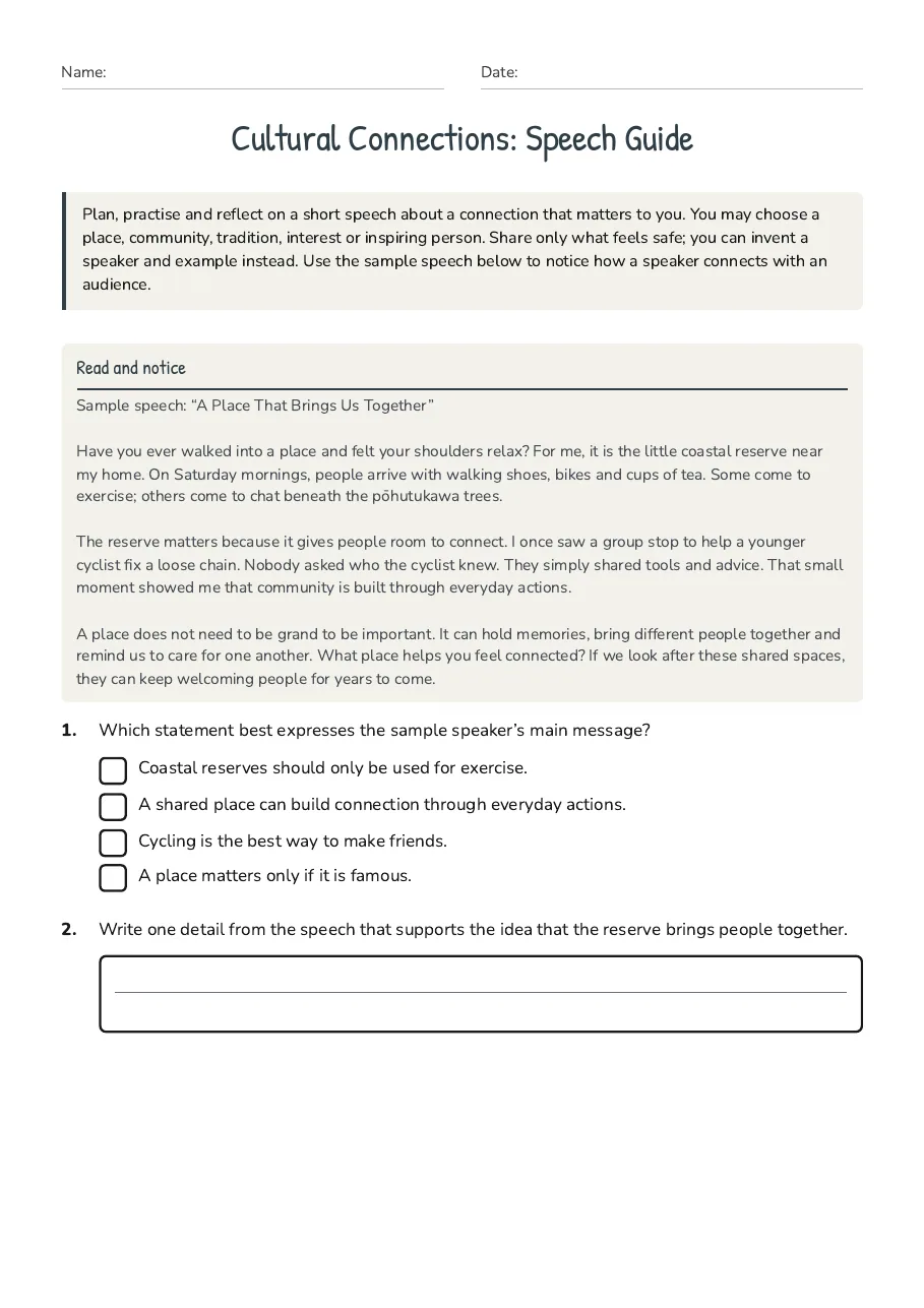 Cultural Connections: Speech Guide, page 1 of 3: Read and notice