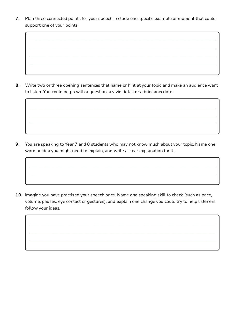 Cultural Connections: Speech Guide, page 3 of 3: 7. Plan three connected points for your speech. Include one specific example or moment…