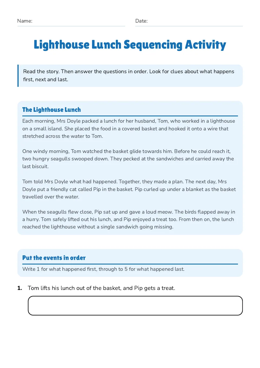 Lighthouse Lunch Sequencing Activity, page 1 of 3: The Lighthouse Lunch, Put the events in order