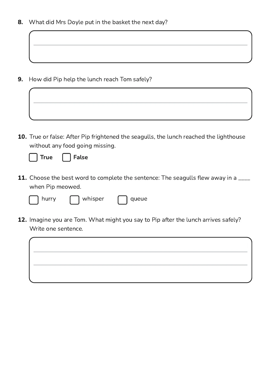 Lighthouse Lunch Sequencing Activity, page 3 of 3: 8. What did Mrs Doyle put in the basket the next day?
