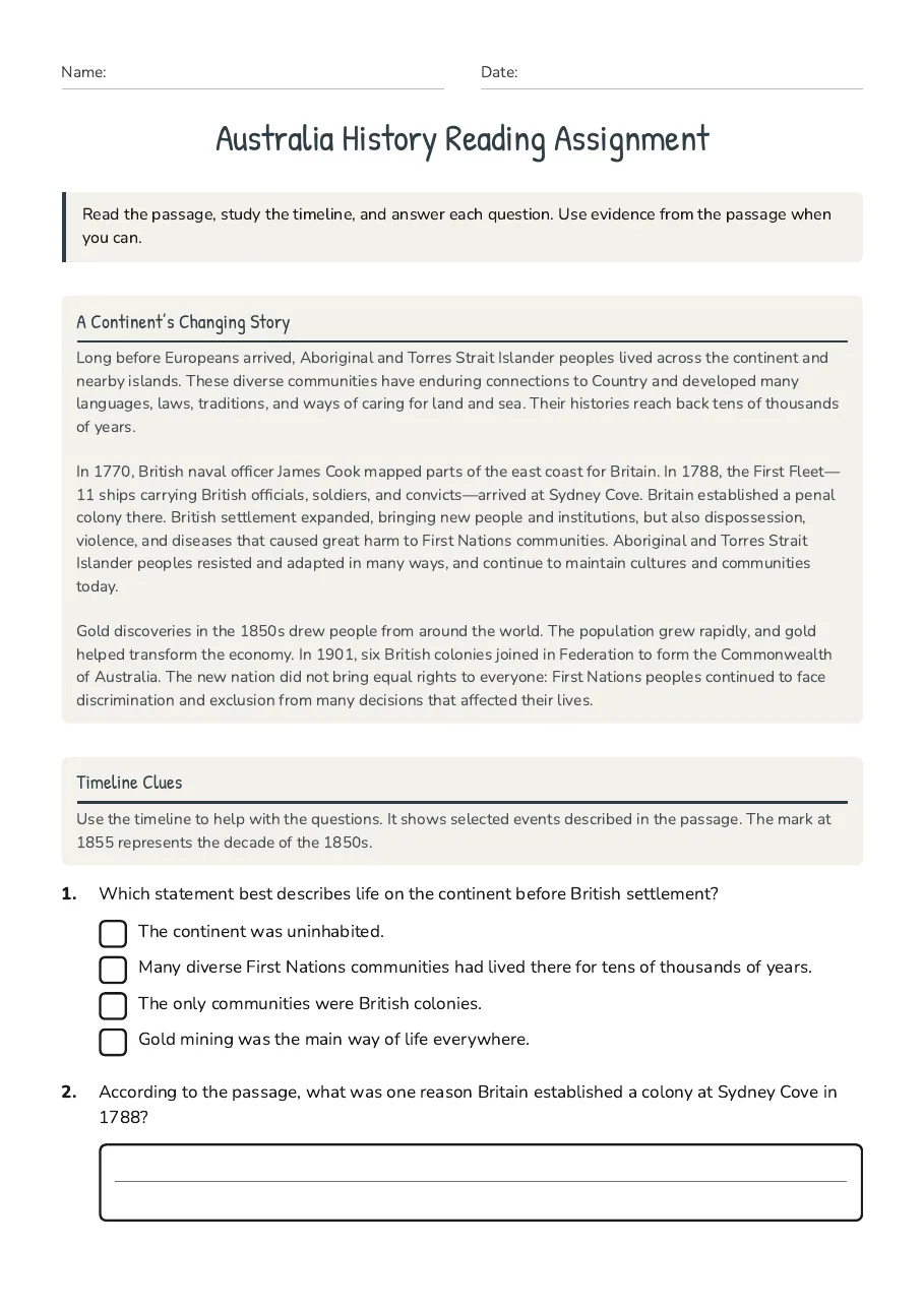 Australia History Reading Assignment, page 1 of 3: A Continent’s Changing Story, Timeline Clues
