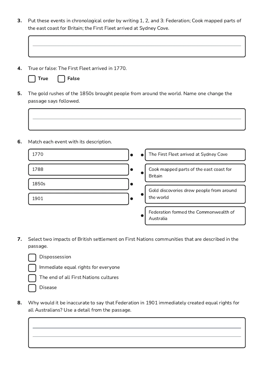 Australia History Reading Assignment, page 2 of 3: 3. Put these events in chronological order by writing 1, 2, and 3: Federation; Cook…