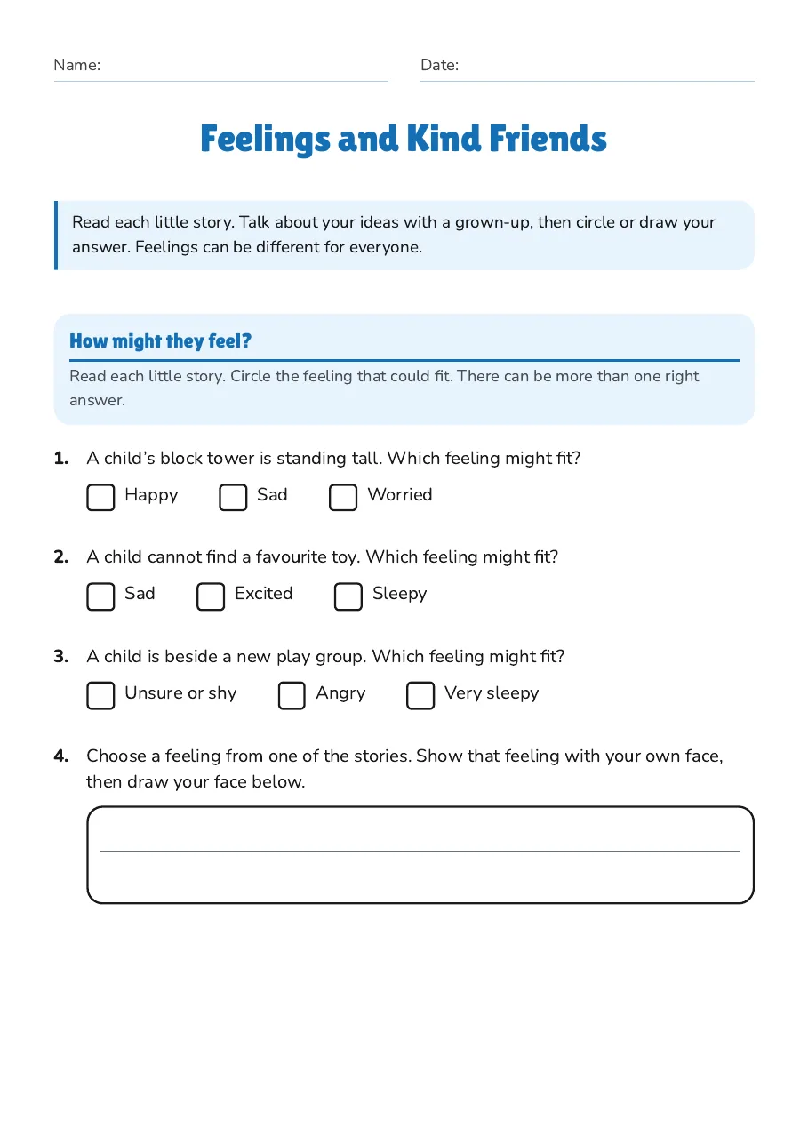 Feelings and Kind Friends, page 1 of 3: How might they feel?