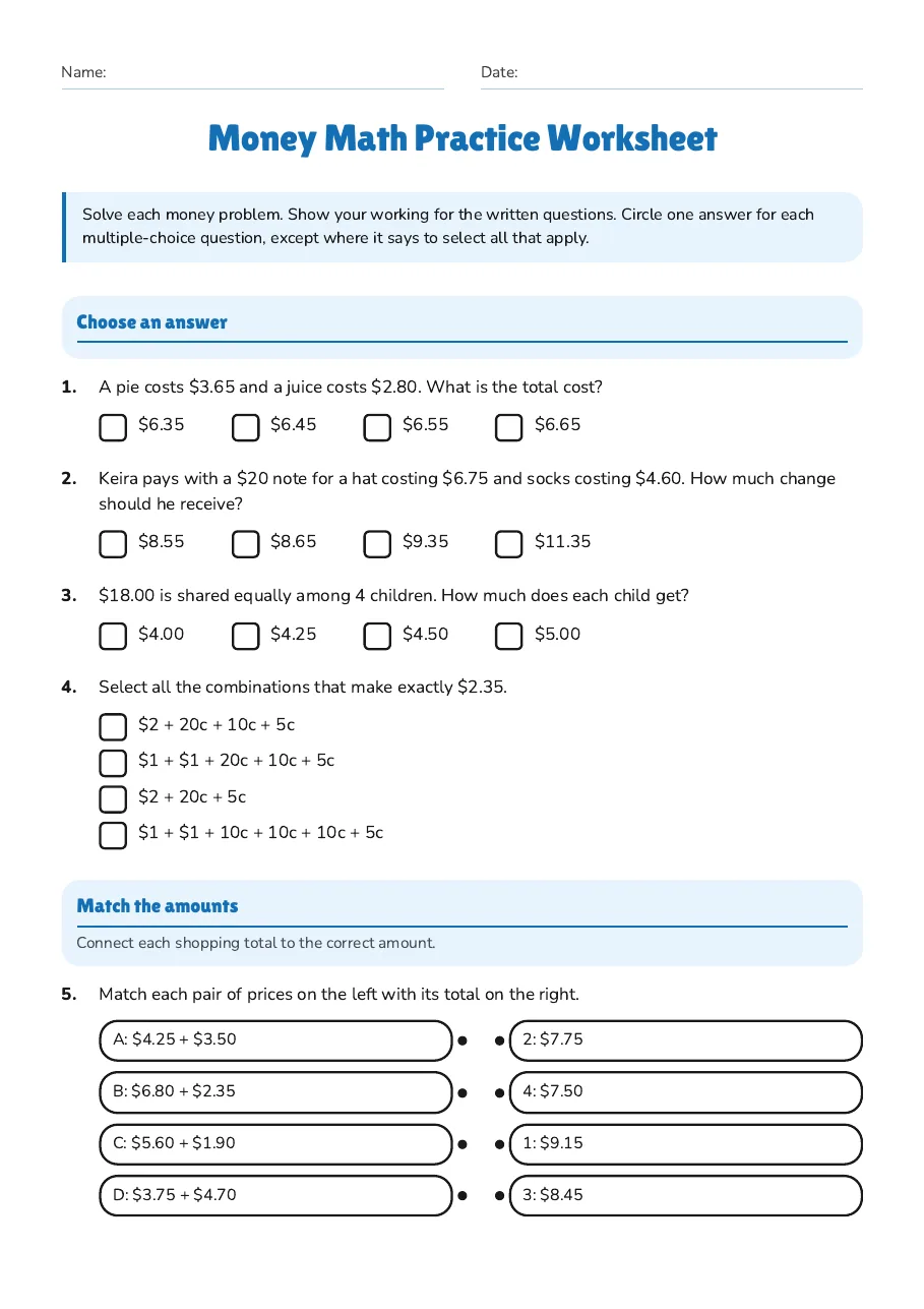 Money Math Practice Worksheet, page 1 of 2: Choose an answer, Match the amounts