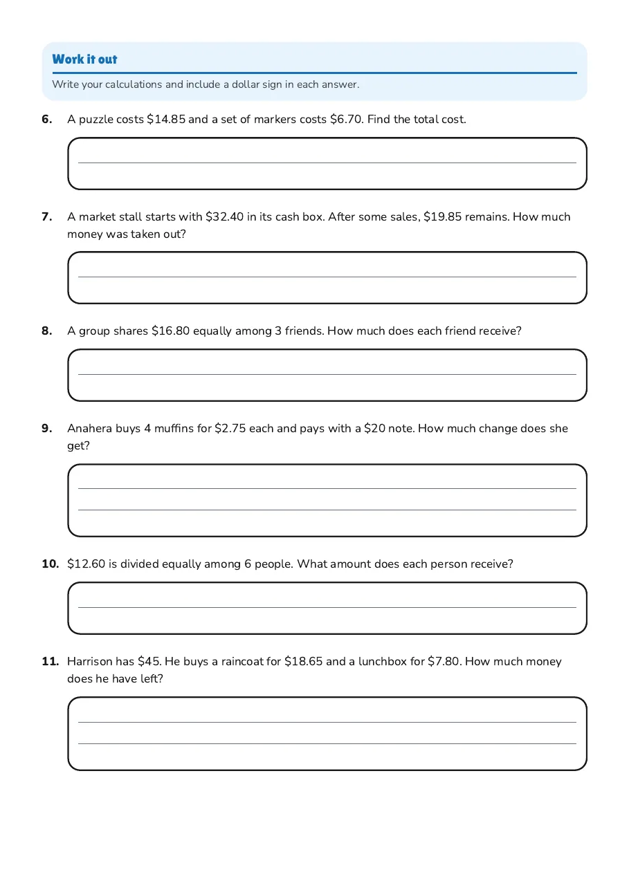 Money Math Practice Worksheet, page 2 of 2: Work it out