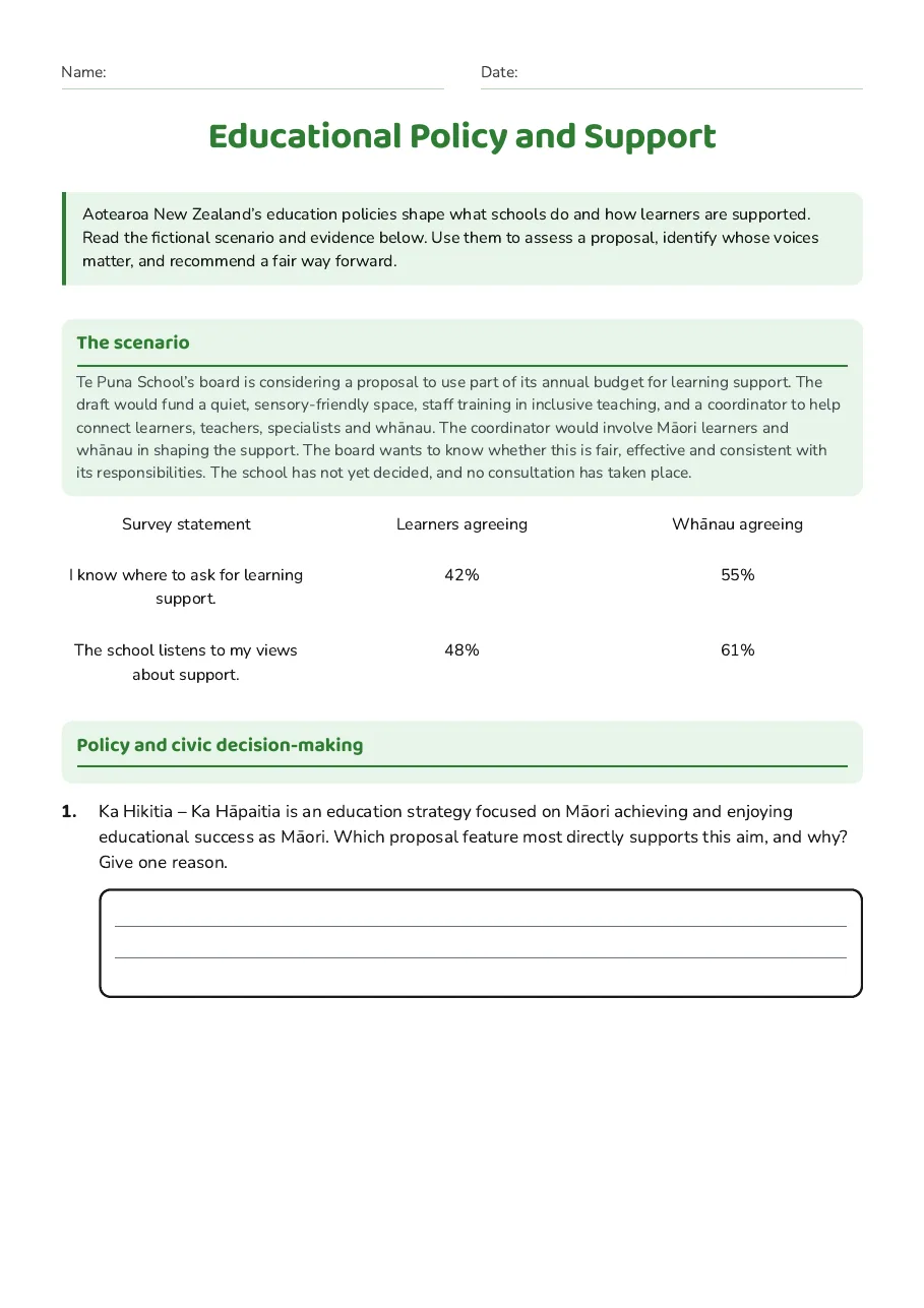 Educational Policy and Support, page 1 of 3: The scenario, Policy and civic decision-making