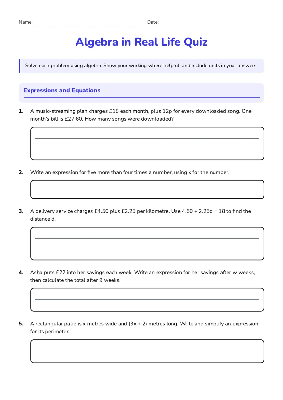 Algebra in Real Life Quiz, page 1 of 3: Expressions and Equations