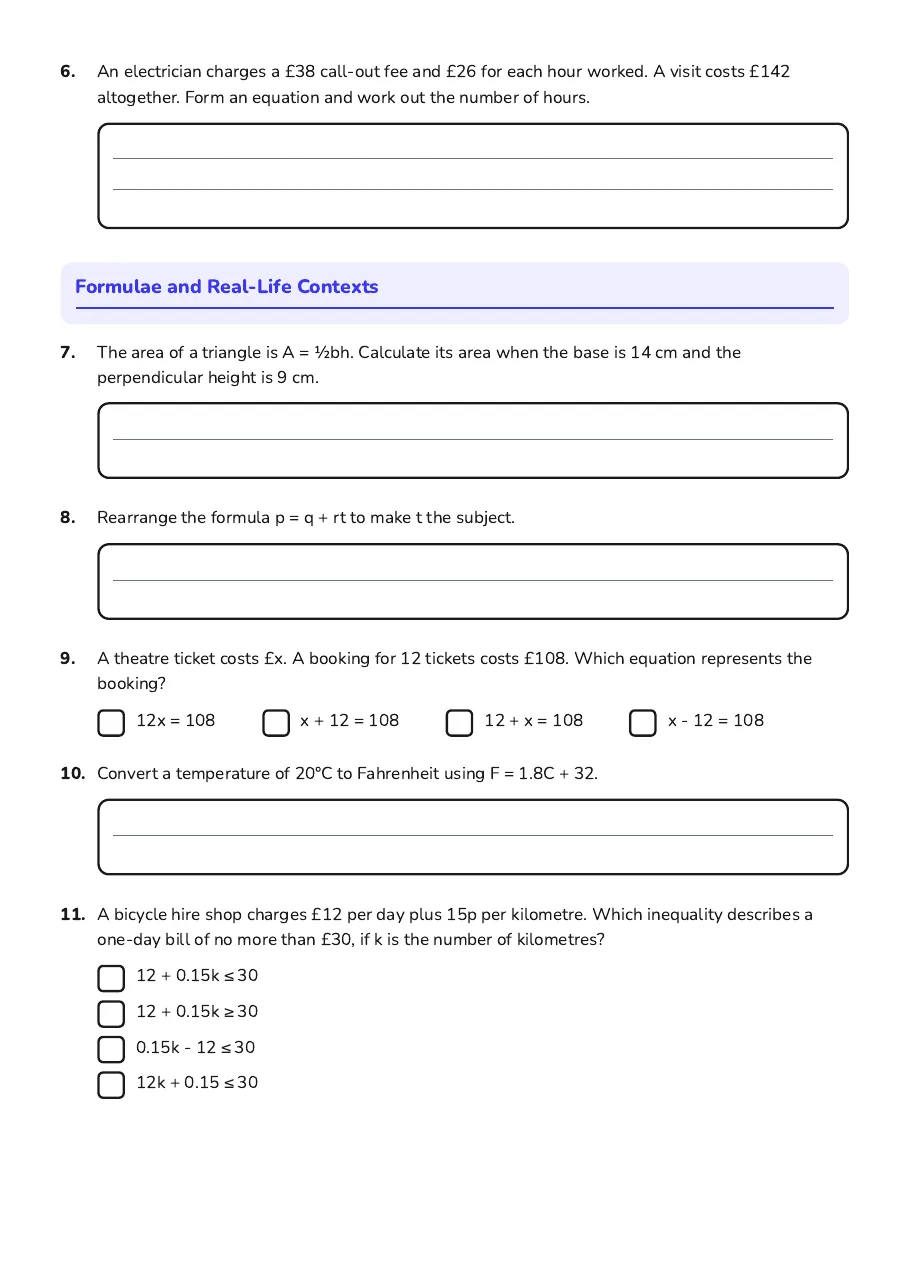 Algebra in Real Life Quiz, page 2 of 3: Formulae and Real-Life Contexts