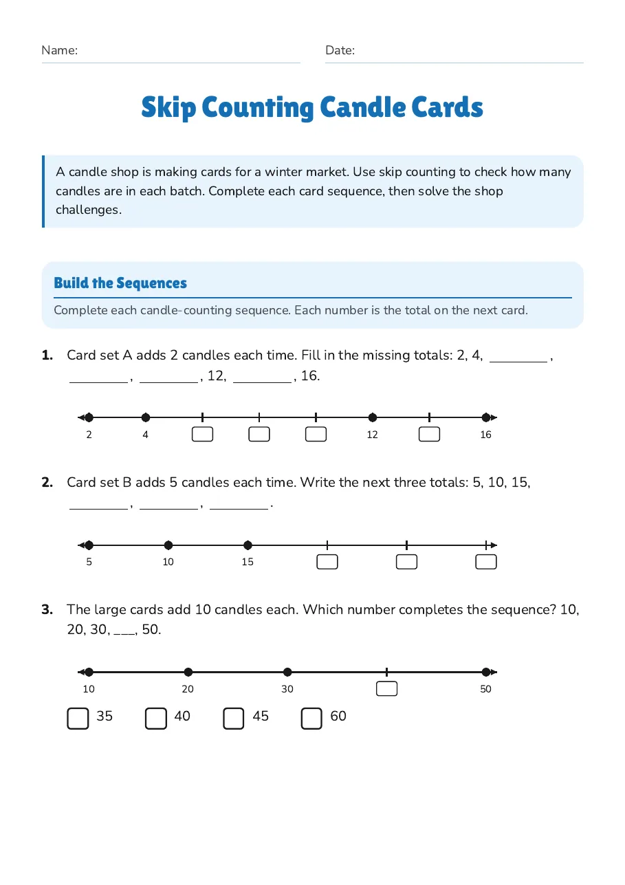 Skip counting candle cards worksheet with a colourful candle shop illustration and number sequences.