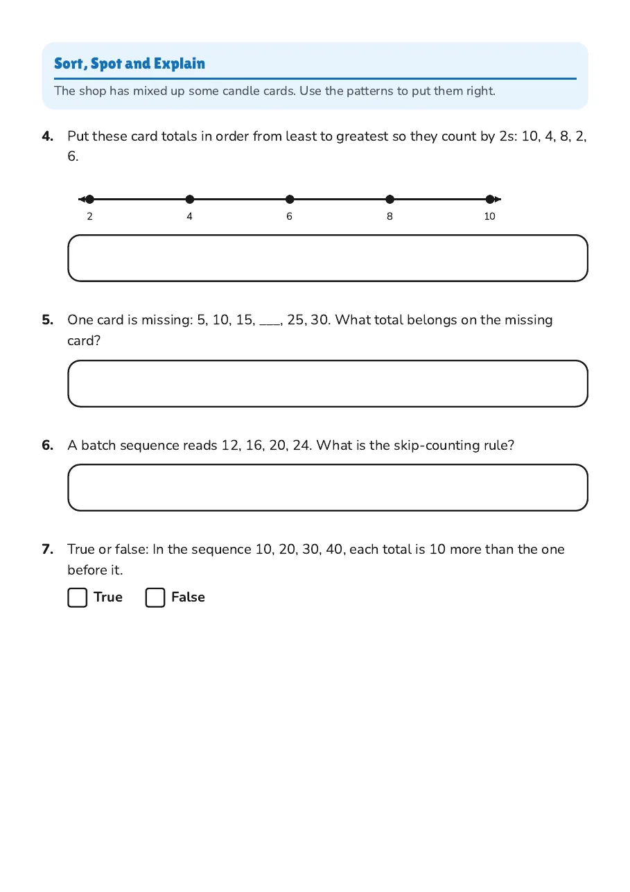 Candle card puzzles using number lines, equal groups, and multiplication.