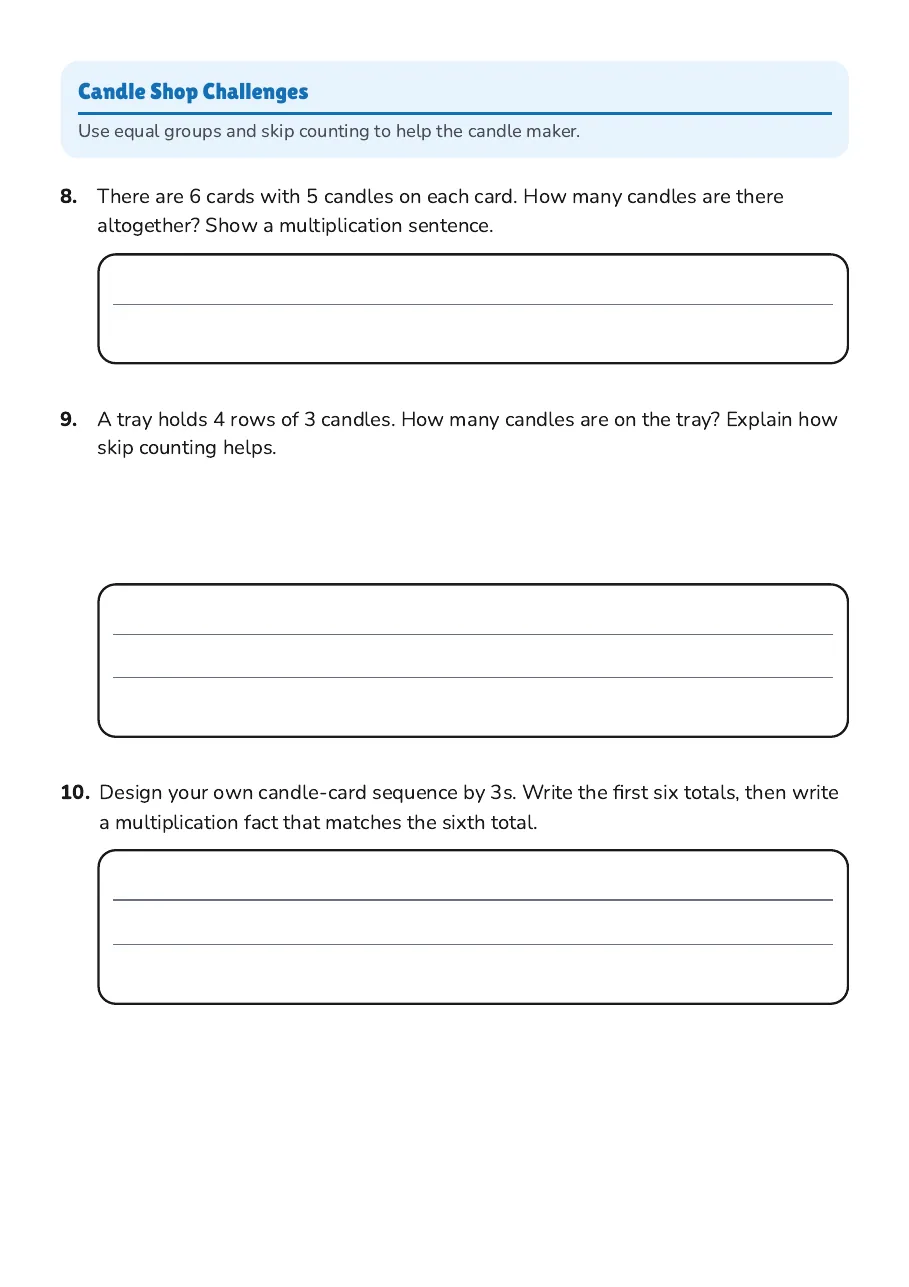Candle order challenges comparing groups of 2, 5, and 10.