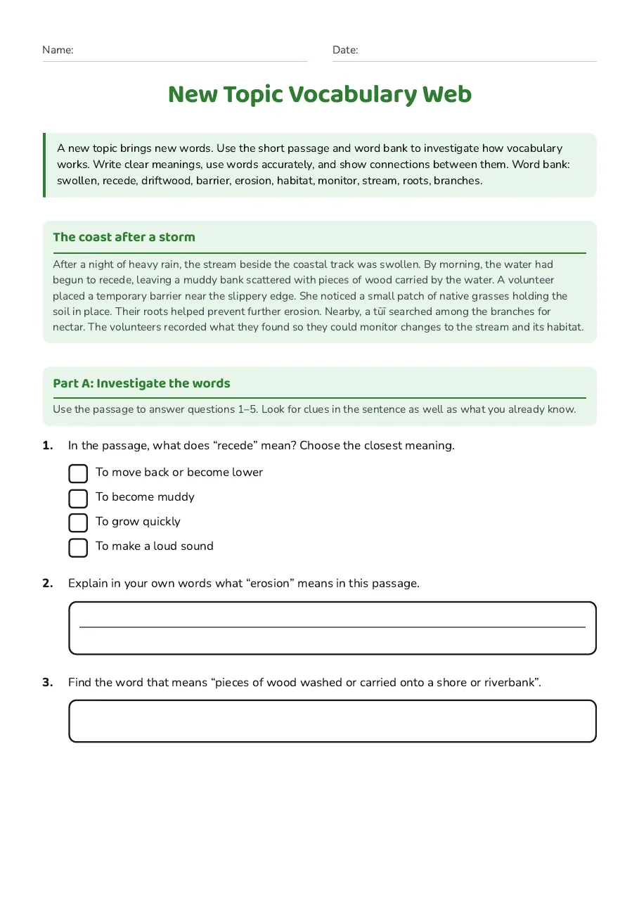 A Year 5 English vocabulary passage about restoring a New Zealand native forest, with matching and context-clue questions.