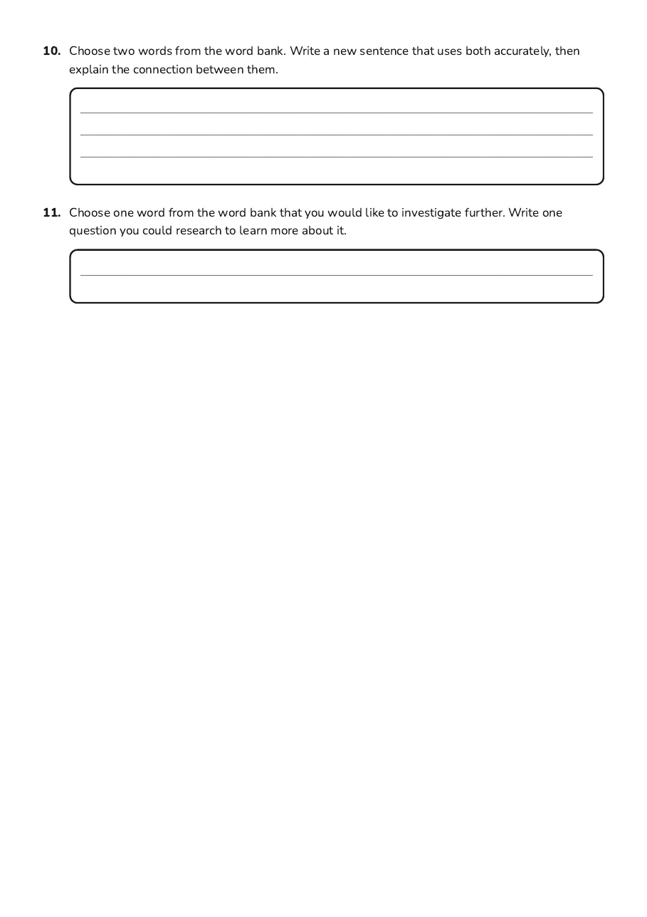 Vocabulary application, synonym and contrast tasks, plus a labelled drawing activity about a forest habitat.