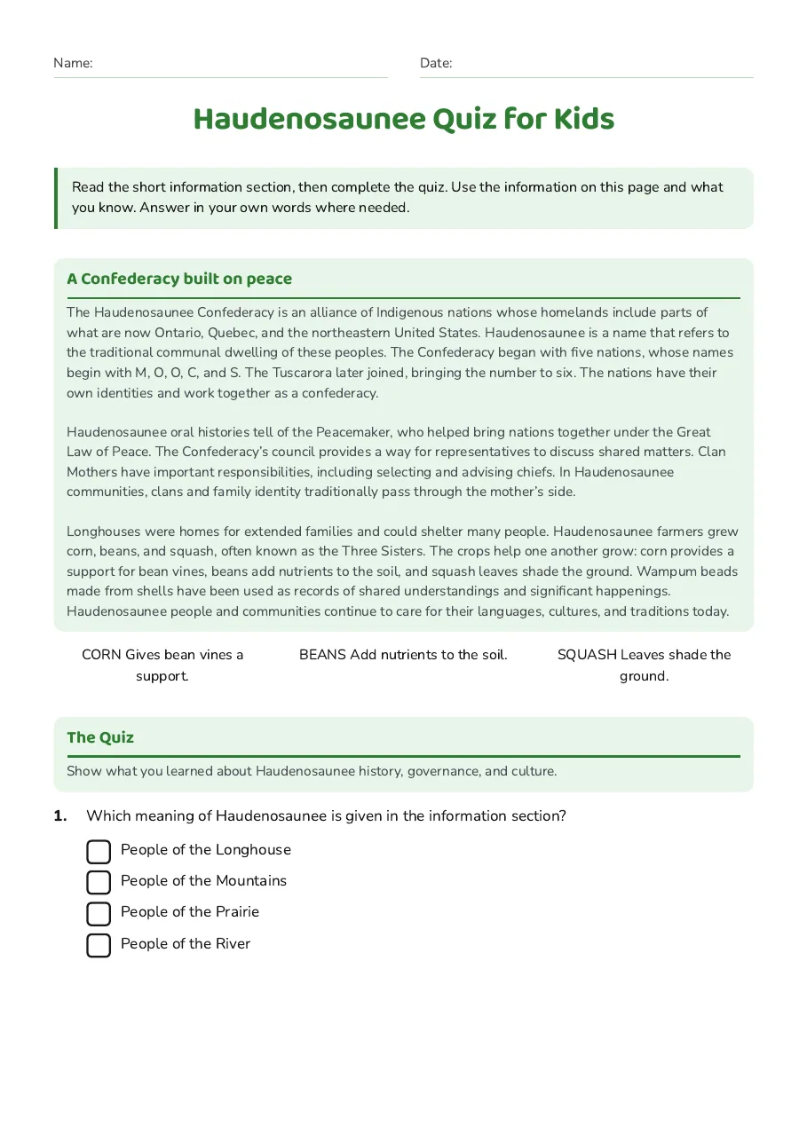 Haudenosaunee Quiz for Kids, page 1 of 3: A Confederacy built on peace, The Quiz
