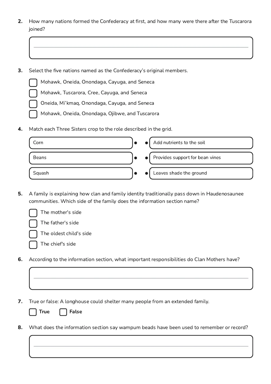Haudenosaunee Quiz for Kids, page 2 of 3: 2. How many nations formed the Confederacy at first, and how many were there after the…