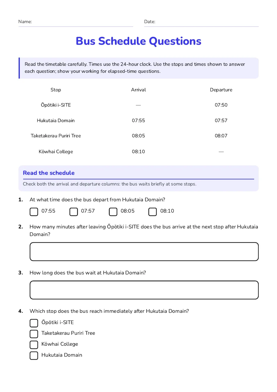 Bus Schedule Questions, page 1 of 2: Read the schedule