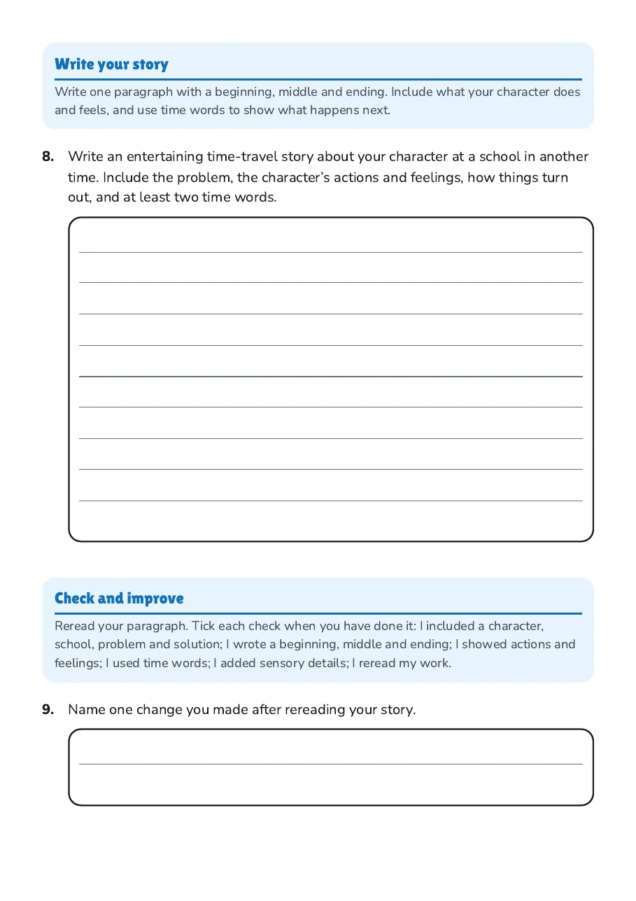 Time-Travel Story Planner, page 3 of 3: Write your story, Check and improve