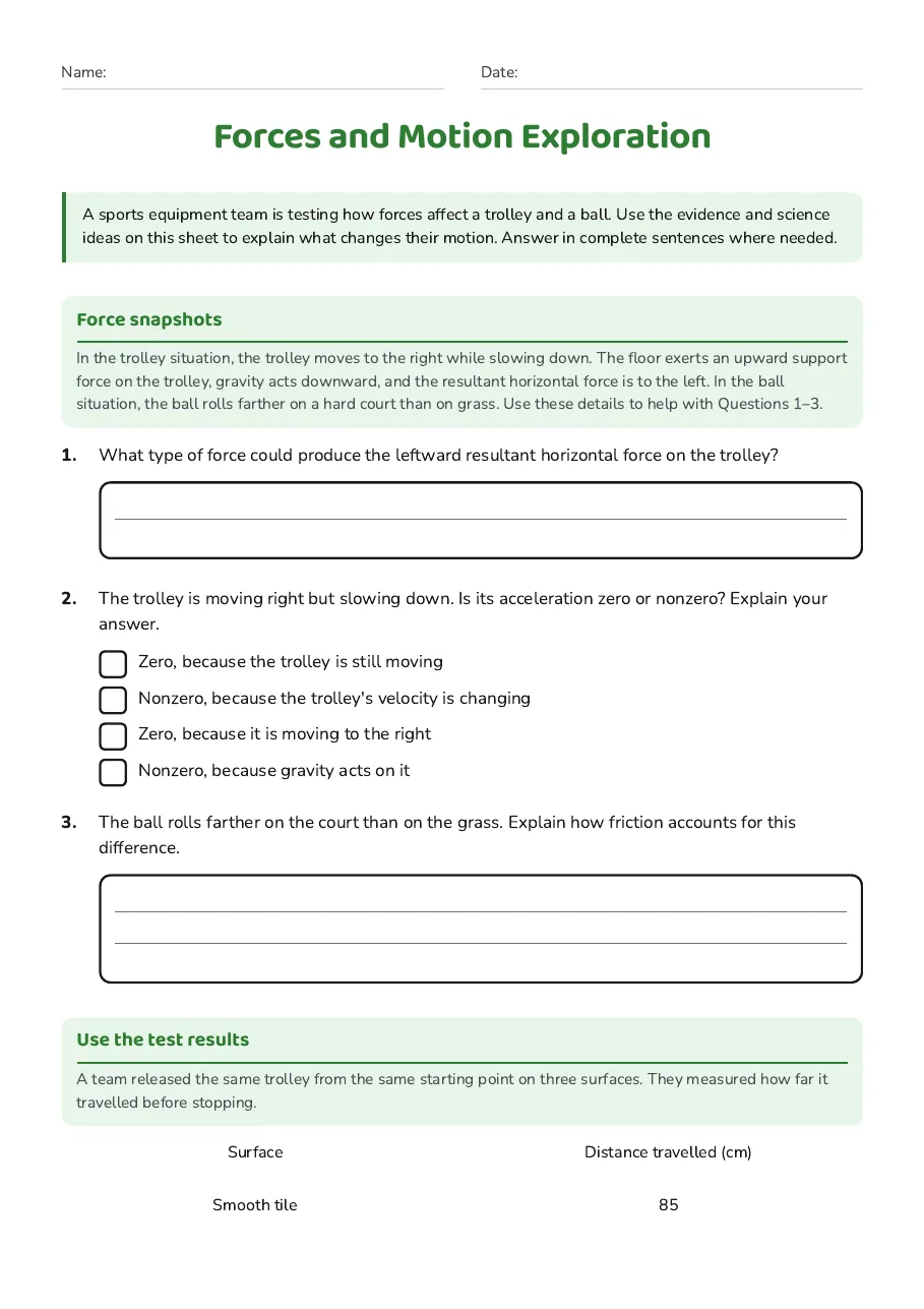 Forces and Motion Exploration, page 1 of 3: Force snapshots, Use the test results