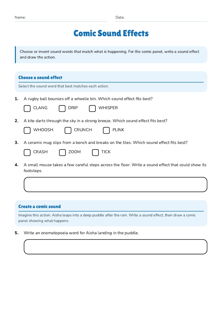 Comic Sound Effects, page 1 of 2: Choose a sound effect, Create a comic sound