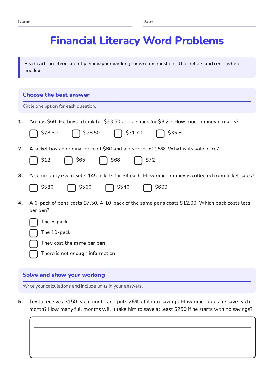 Financial Literacy Word Problems, page 1 of 2: Choose the best answer, Solve and show your working