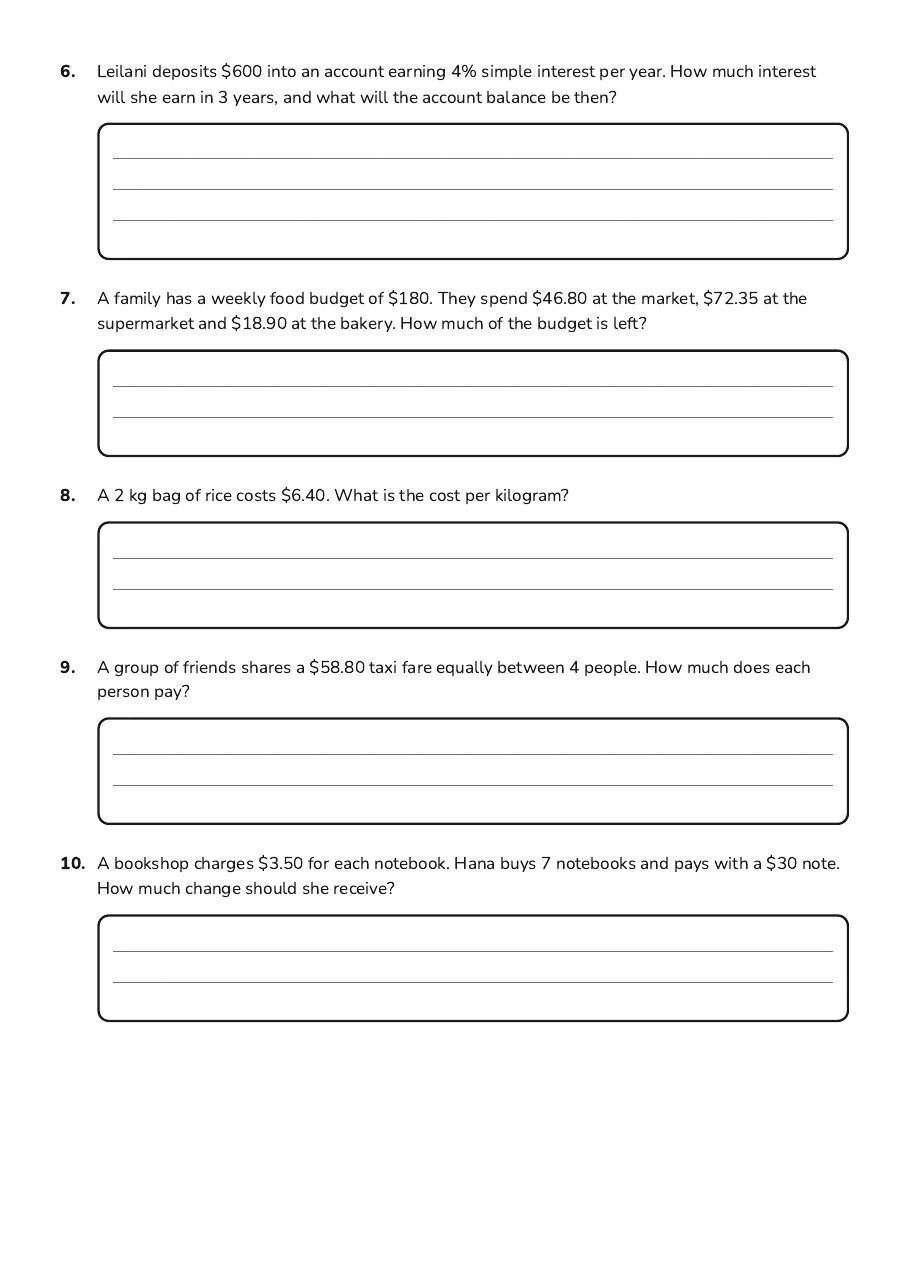 Financial Literacy Word Problems, page 2 of 2: 6. Leilani deposits $600 into an account earning 4% simple interest per year. How much…