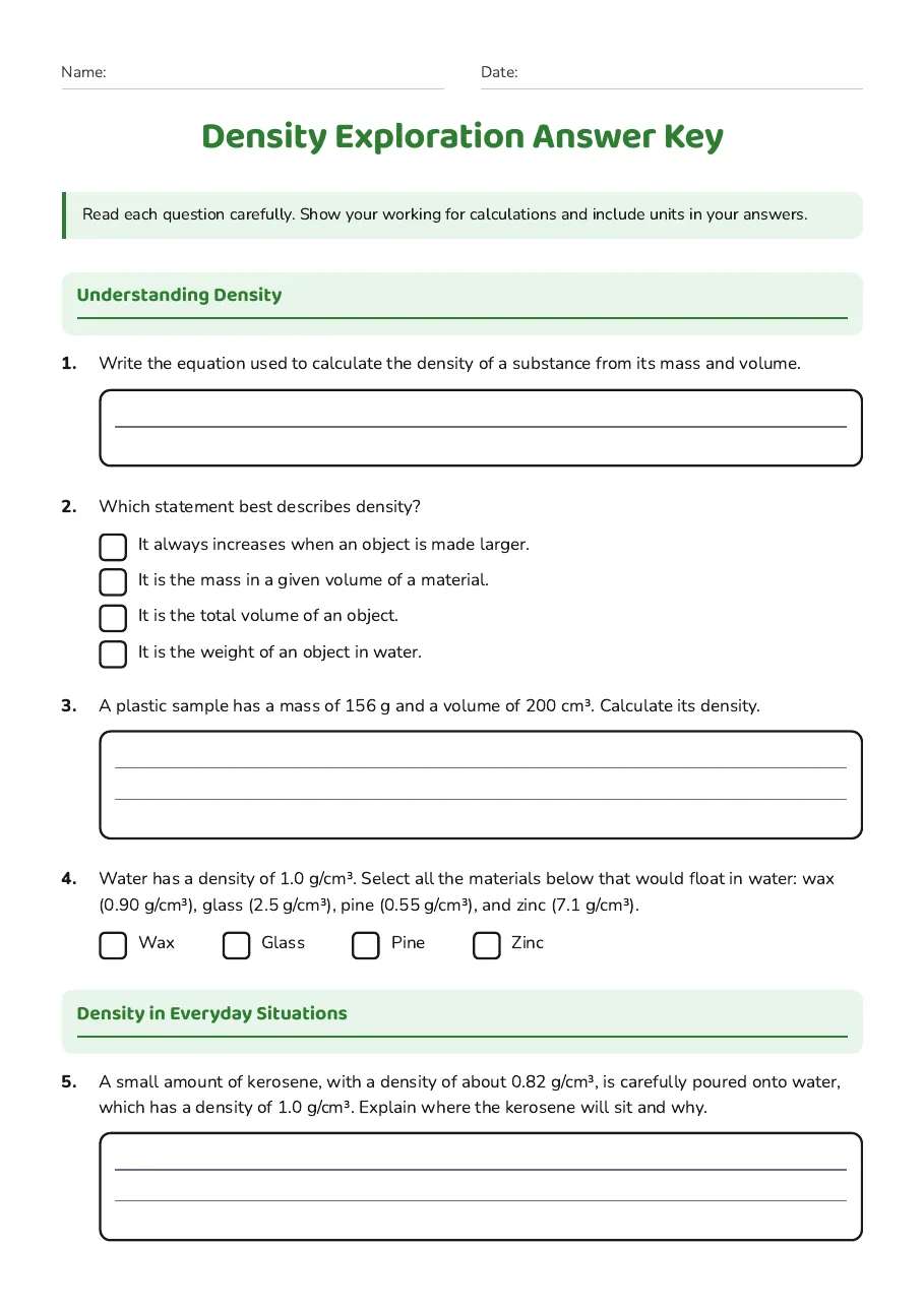 Density Exploration Answer Key, page 1 of 2: Understanding Density, Density in Everyday Situations