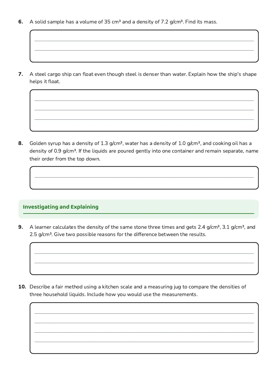 Density Exploration Answer Key, page 2 of 2: Investigating and Explaining