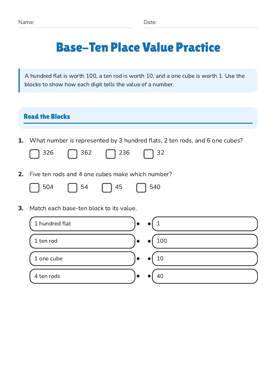 Base-ten block values, identifying numbers, and matching blocks to values.