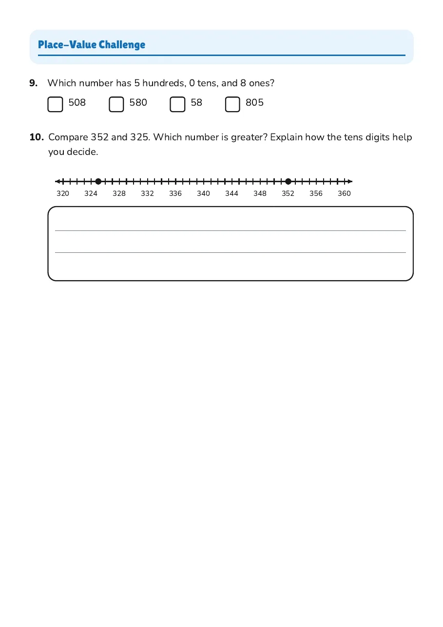 A place-value comparison challenge using hundreds and tens.